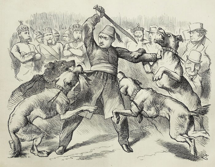 Abdülhamid II is left to fight it out with his insurgent Provinces, the European Powers 'keeping the ring' and abstaining from interference. From Punch, Or the London Charivari, 22 July 1876. Heidelberg University Library. Public Domain.